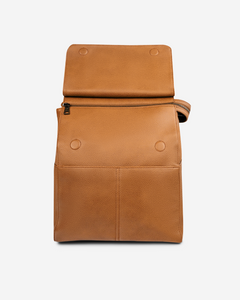stylish camera bag backpack tan front view pocket open