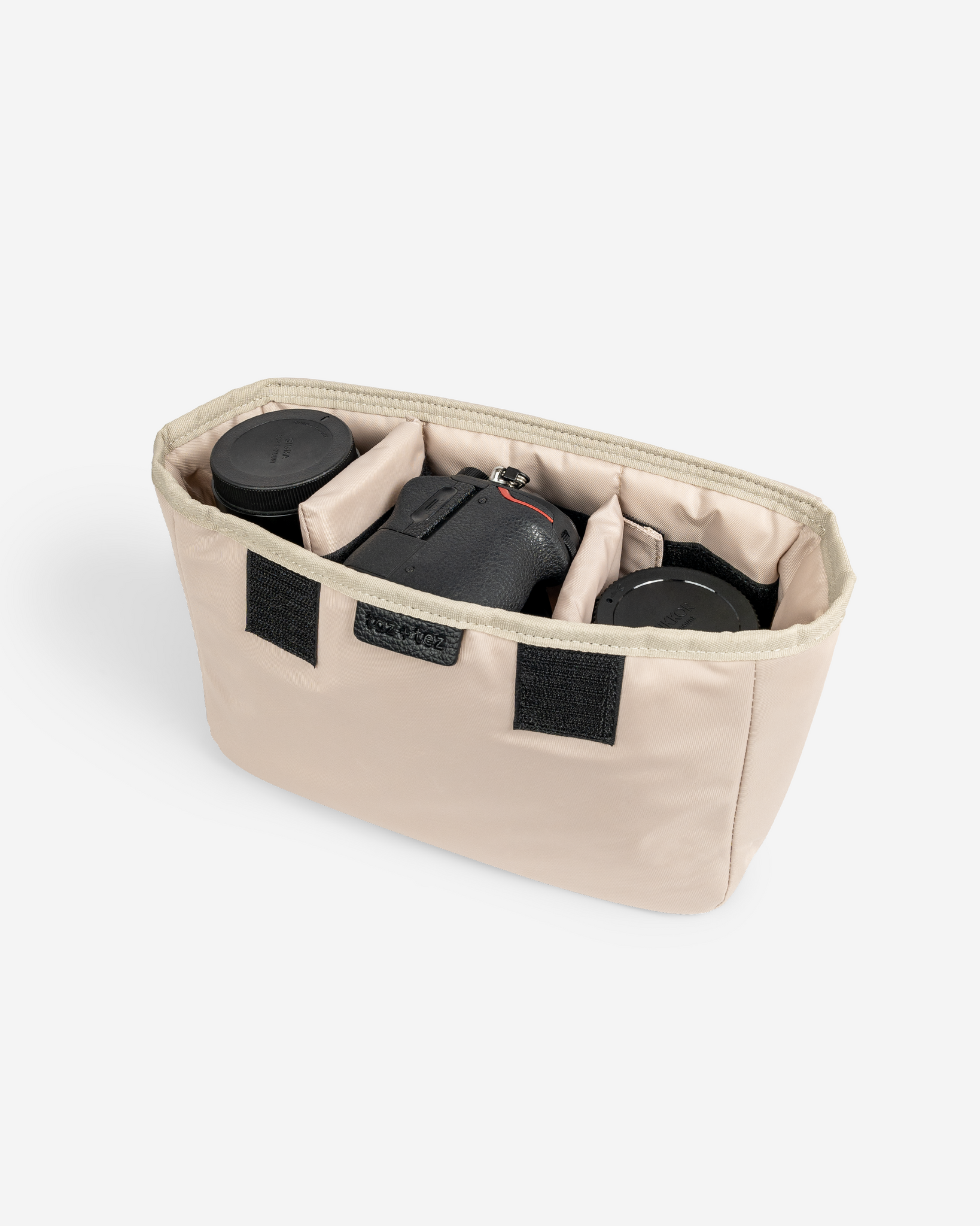 camera bag camera caddy insert with camera body and lenses inside padded lining